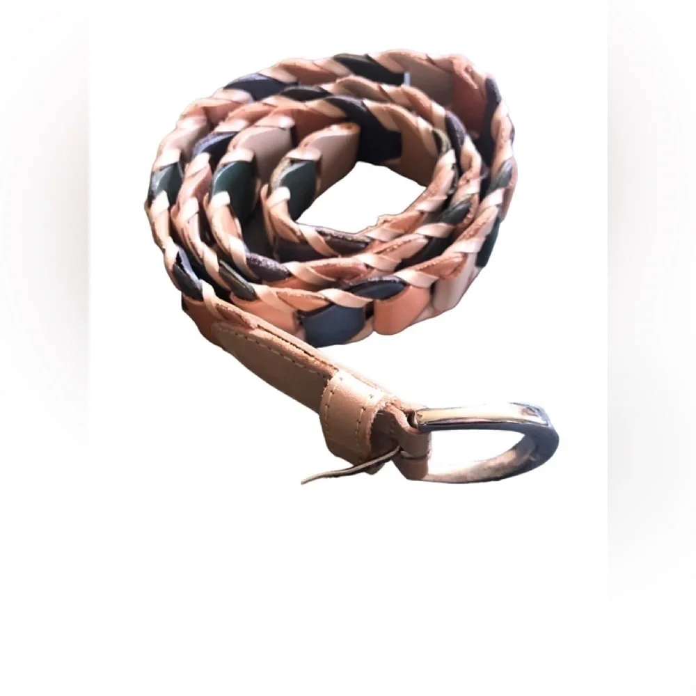 Capezio Leather Braided Belt Neutral Colors Sz M Silver Buckle Choc Boho